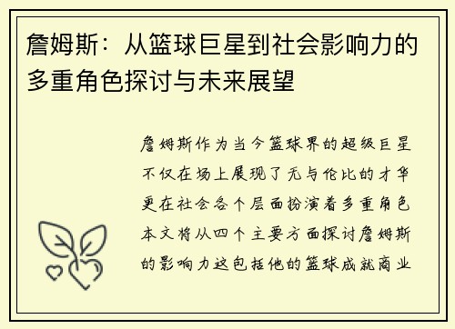 詹姆斯：从篮球巨星到社会影响力的多重角色探讨与未来展望
